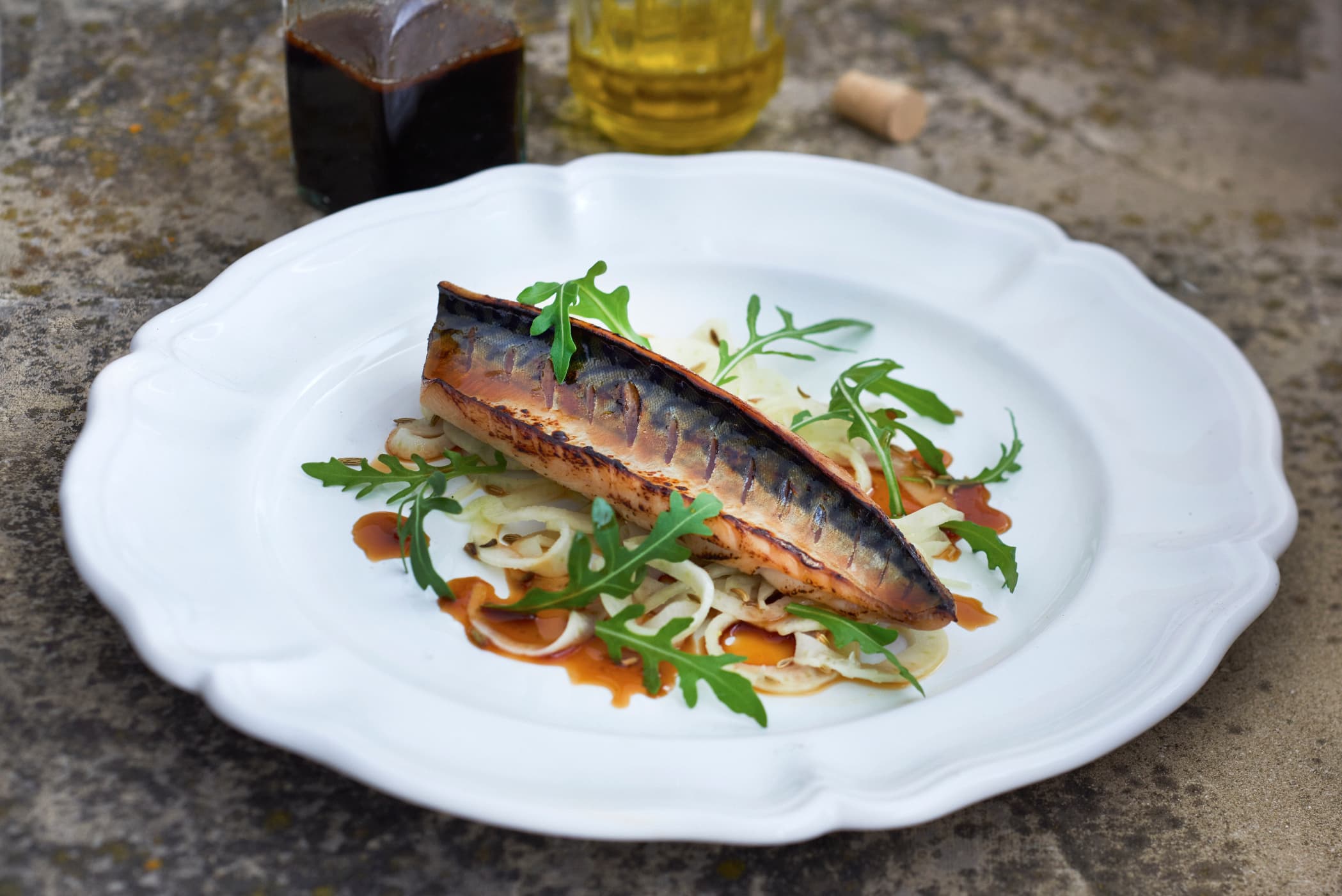 Grilled mackerel, fennel salad, soy and lime dressing