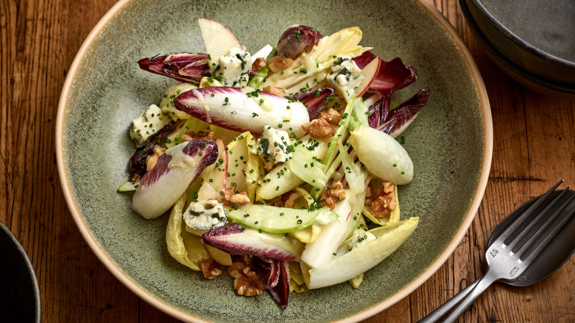 Chicory, walnut, pear and roquefort salad
